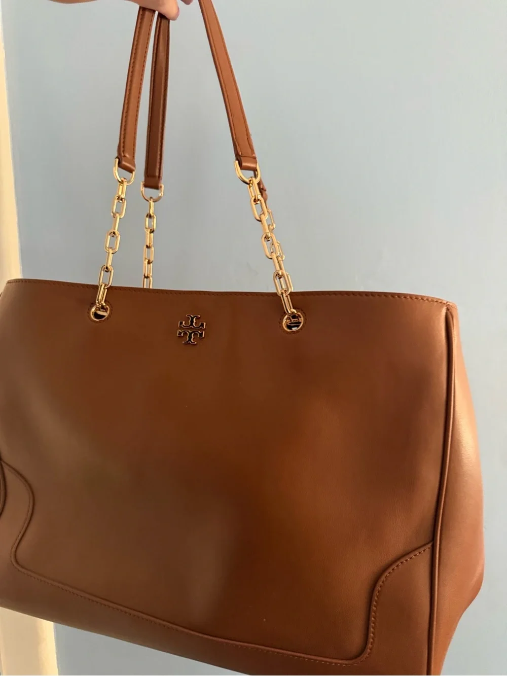 Tory Burch Cognac Leather Tote with Gold Chain Handles